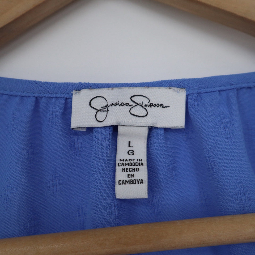 Jessica Simpson Periwinkle Blue Smocked Shoulder Ruffle Cuff Dobby Blouse Large