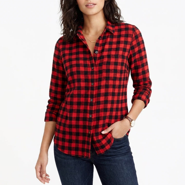 Old Navy The Classic Shirt Womens Medium Red Black Buffalo Plaid Rayon Button Up