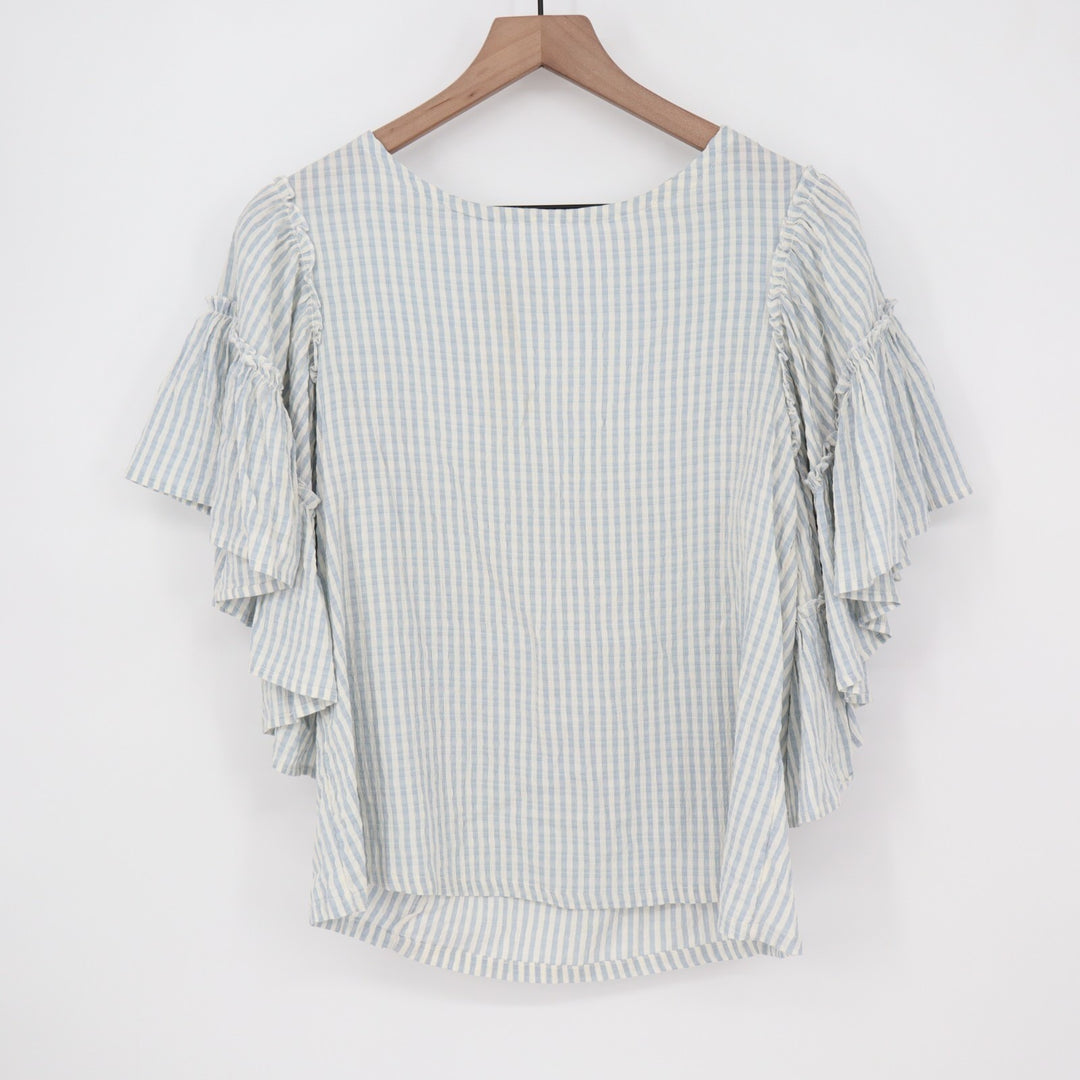 Chelsea & Theodore Crop Top Womens XS Blue White Striped Stretch Ruffled Sleeve