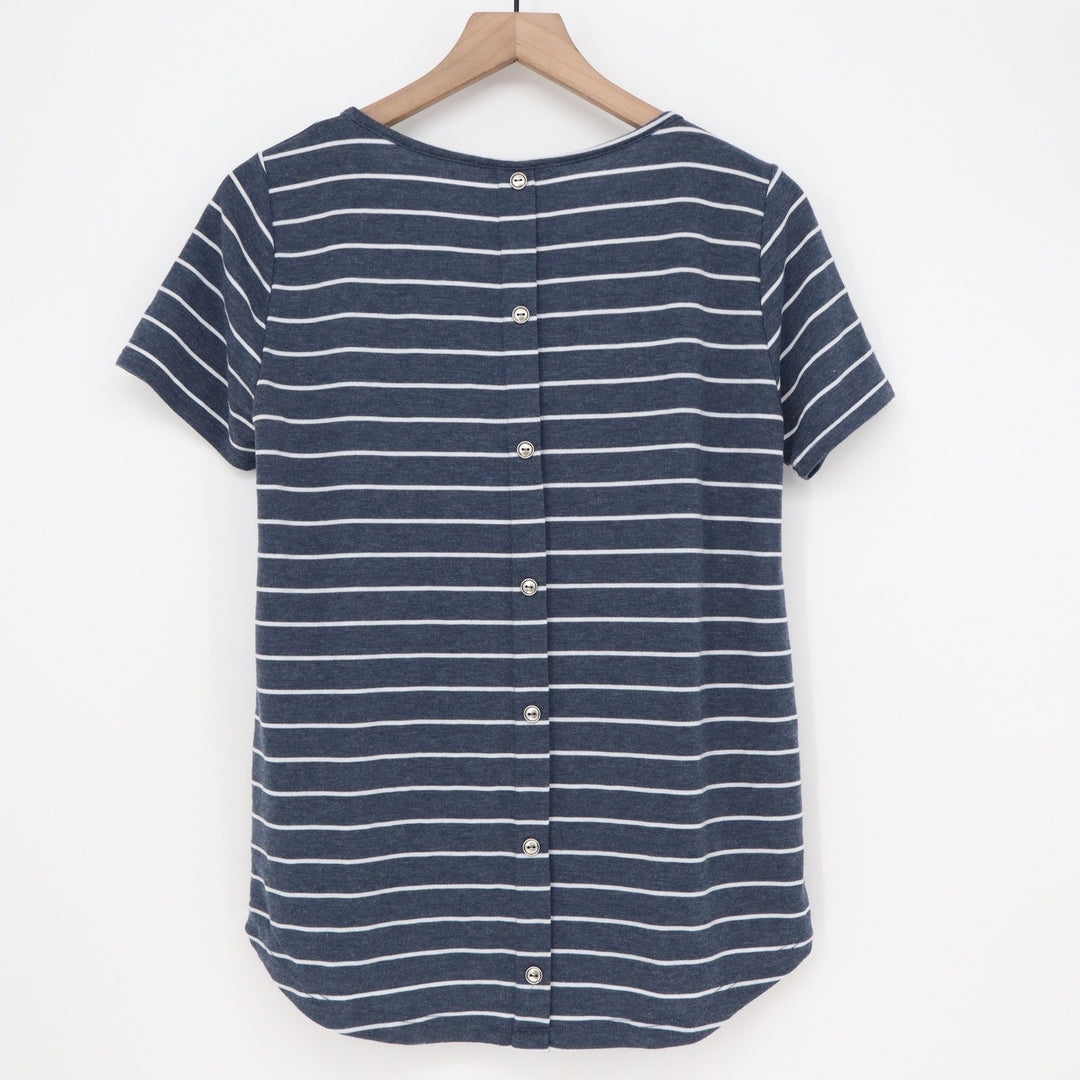 Pink Clover Knit Top Women's S Navy Blue Striped Button Back Excellent
