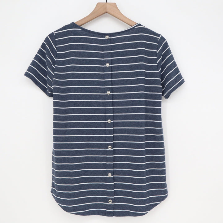 Pink Clover Knit Top Women's S Navy Blue Striped Button Back Excellent