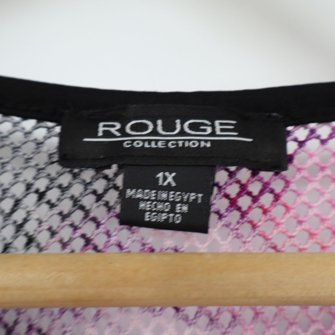 Rouge Collection Womens 1X Pink Purple Tie Dye Floral Sheer Mesh Long Sleeve Top