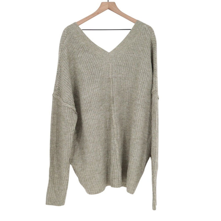 LTS Sweater Womens 14-16 Beige Waffle Knit Ribbed V-Neck Long Sleeve Pullover