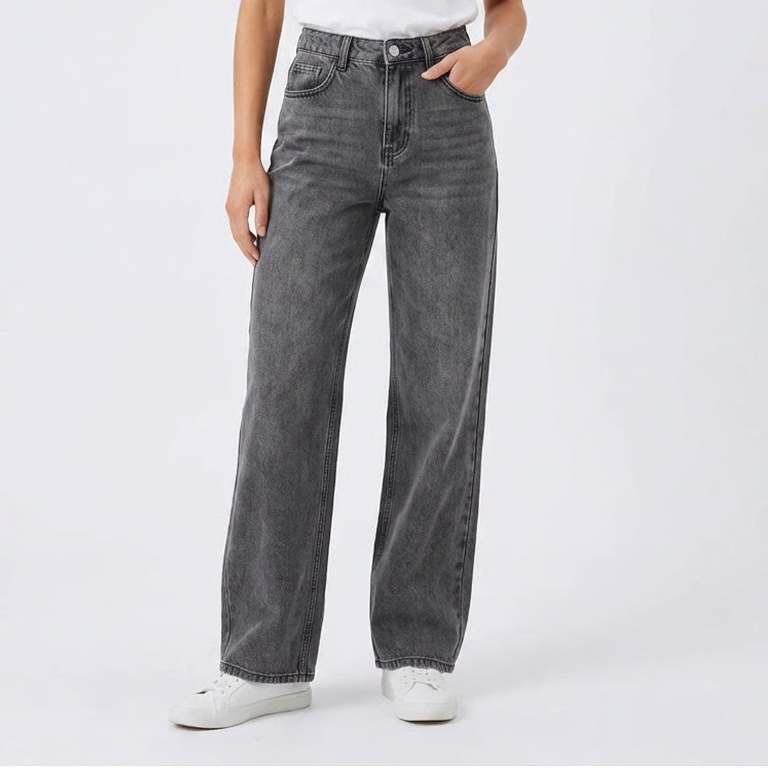 SHEIN Womens High Waisted Wide Leg Jeans Charcoal Black Size 0 EU 32 Relaxed Fit