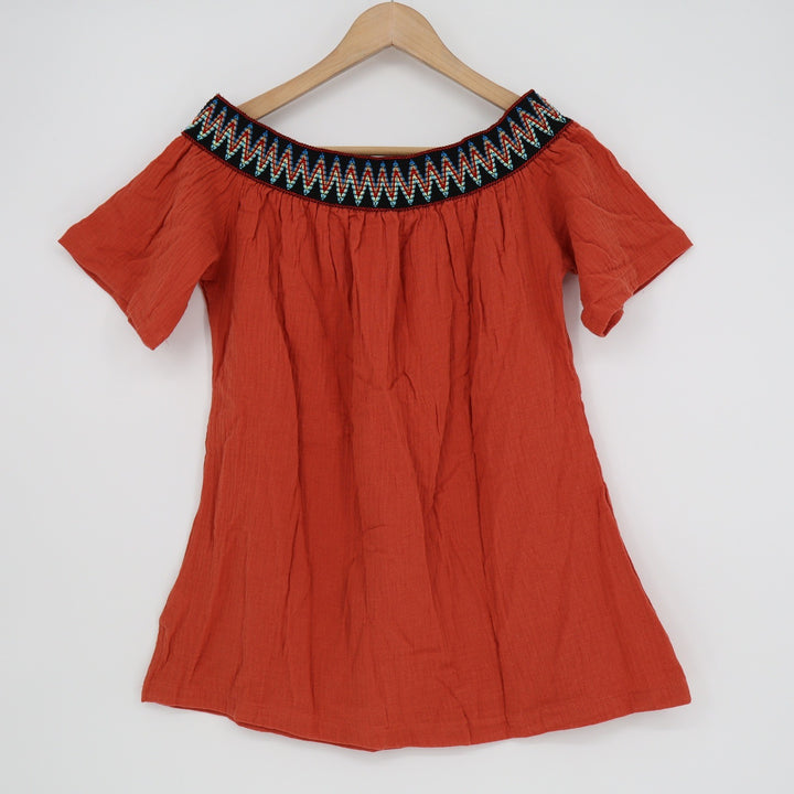 Boho Burnt Orange Off Shoulder Embroidered Gauze Blouse