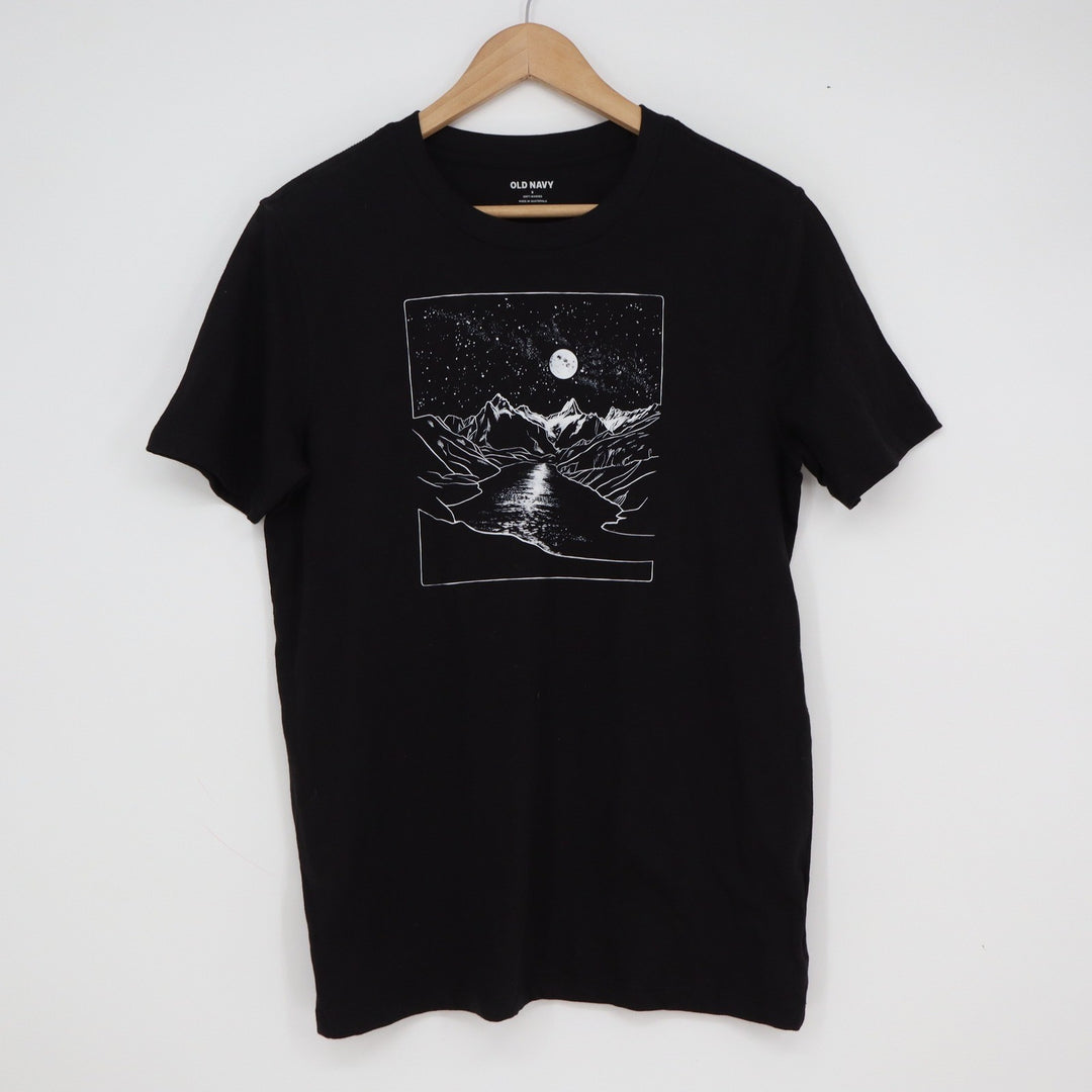 Old Navy Mens Small Black Mountain Moon Graphic T-Shirt Soft Washed Short Sleeve