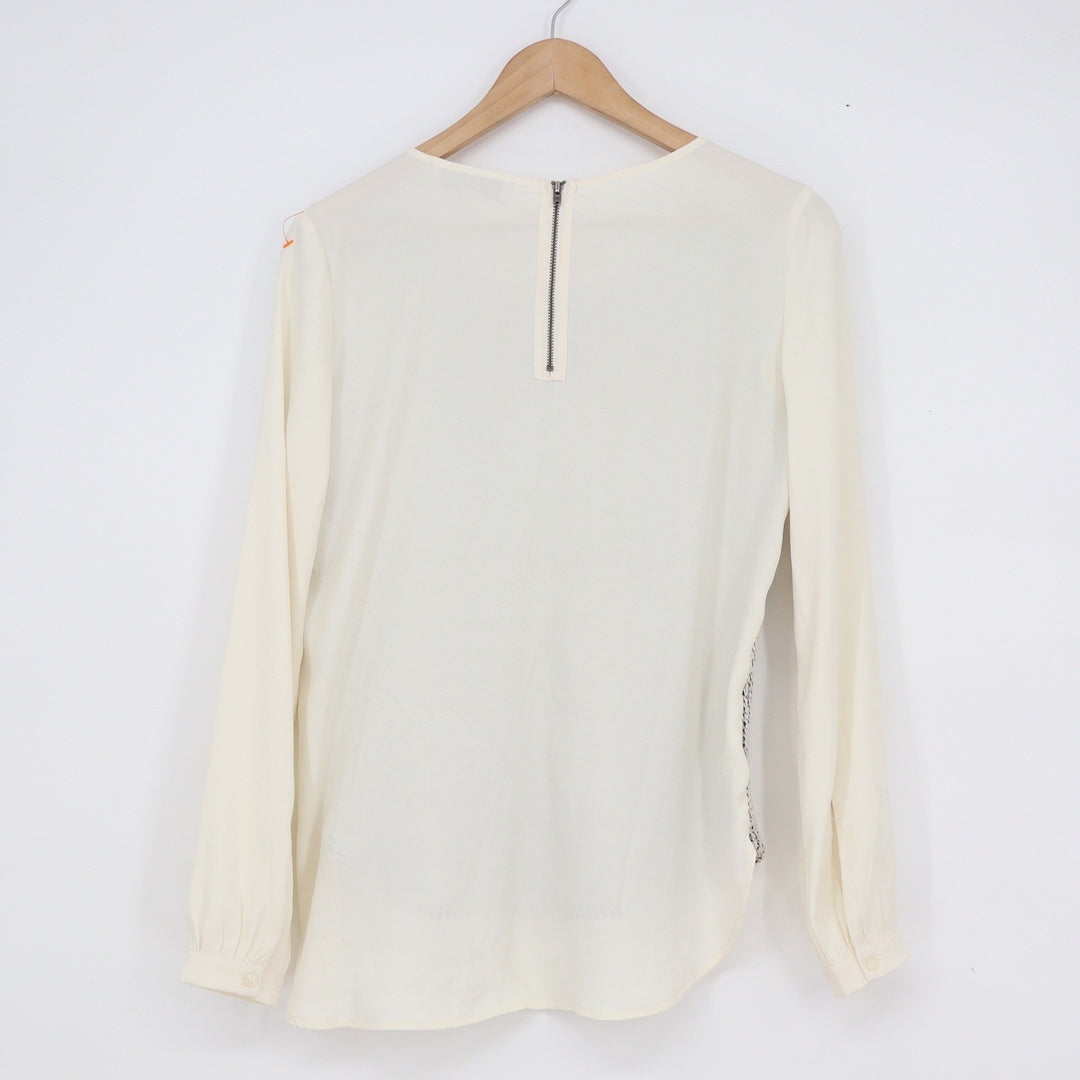 Loft Womens XS Blouse Ivory Black Textured Mixed Media Long Sleeve Zip Back