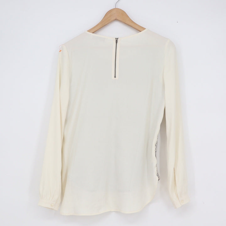 Loft Womens XS Blouse Ivory Black Textured Mixed Media Long Sleeve Zip Back
