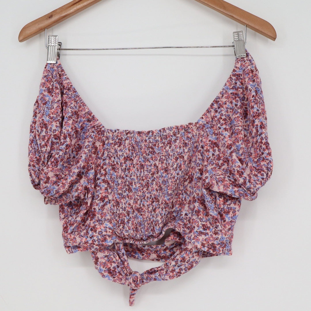 Wild Fable Womens Floral Smocked Puff Sleeve Tie Front Crop Top Pink Purple M