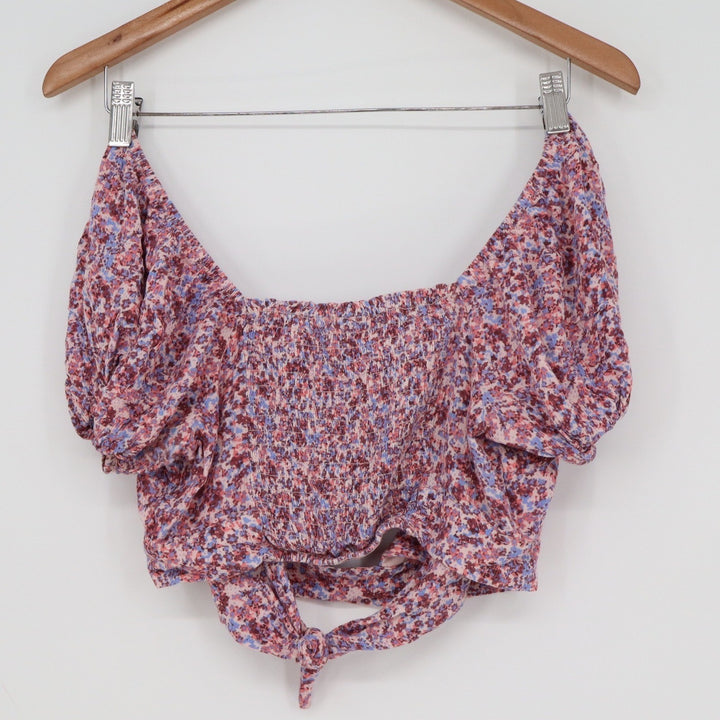 Wild Fable Womens Floral Smocked Puff Sleeve Tie Front Crop Top Pink Purple M