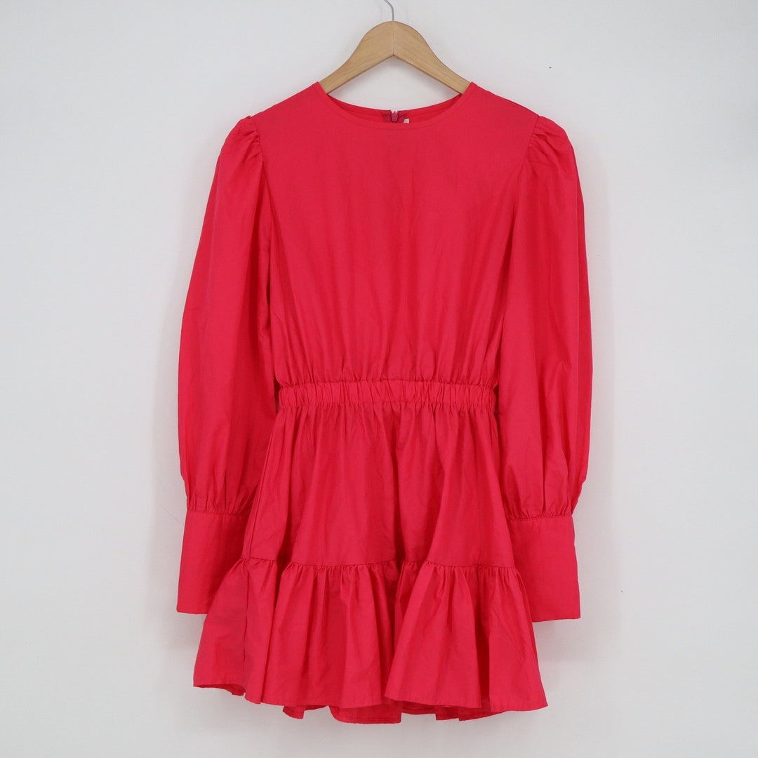 Trendy & Unique Pink Tiered Ruffle Mini Dress Long Puff Sleeve Elastic Waist S