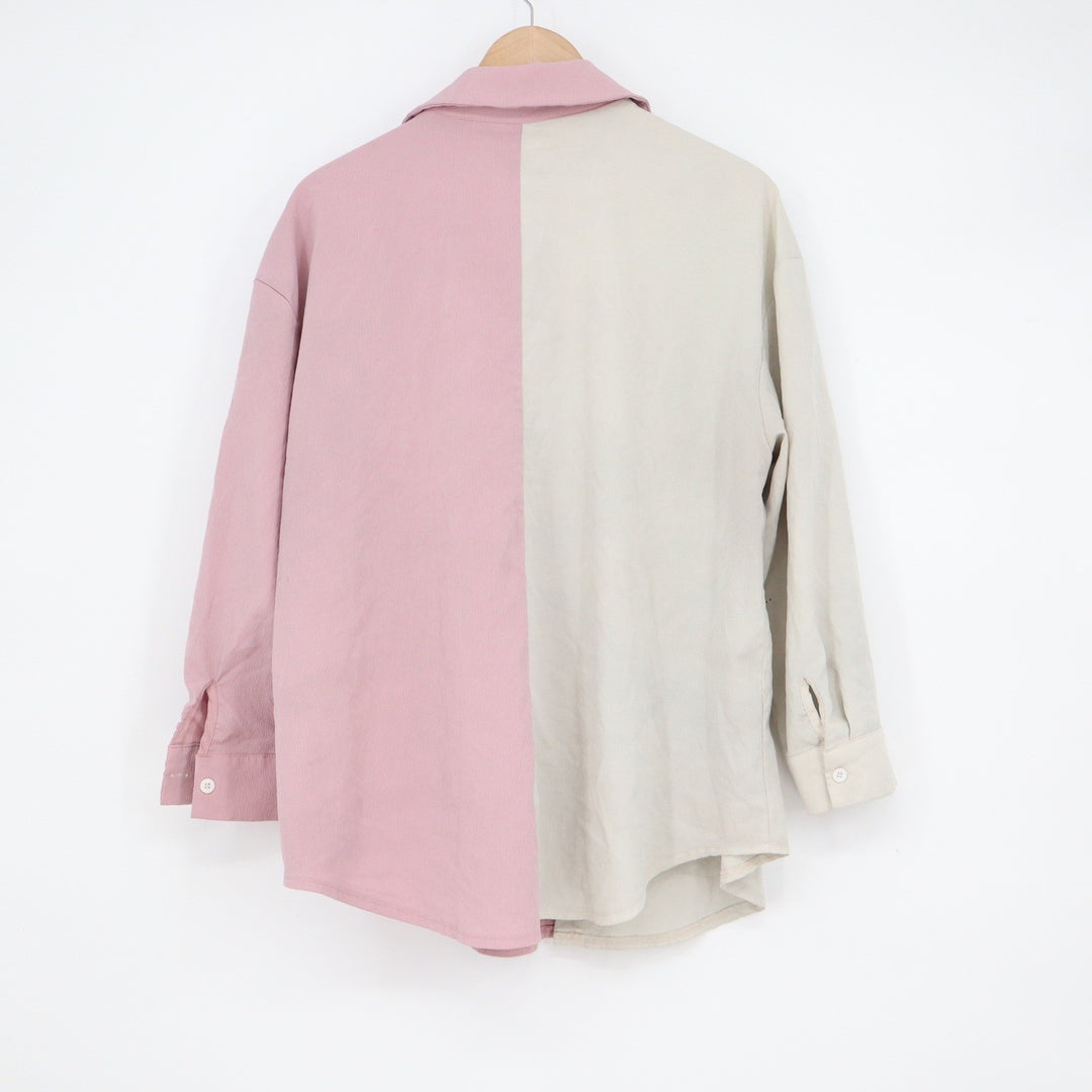 Shein Curve Pink Cream Colorblock Button Down Shirt 1XL Long Sleeve Textured