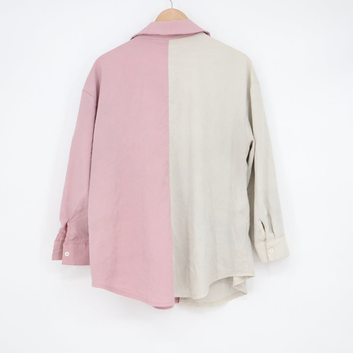 Shein Curve Pink Cream Colorblock Button Down Shirt 1XL Long Sleeve Textured