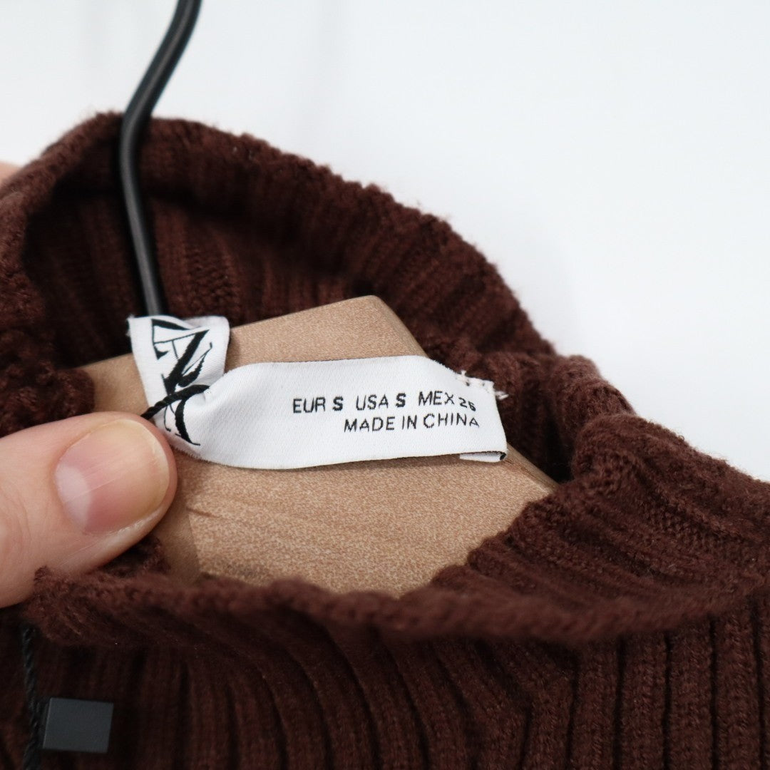Zara Vest Sweater Women Small Brown Viscose Tight Knit Ribbed Mock Neck Pullover