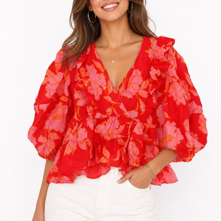 Olivaceous Red Pink Floral Ruffle Puff Sleeve Cotton Blouse Top Large
