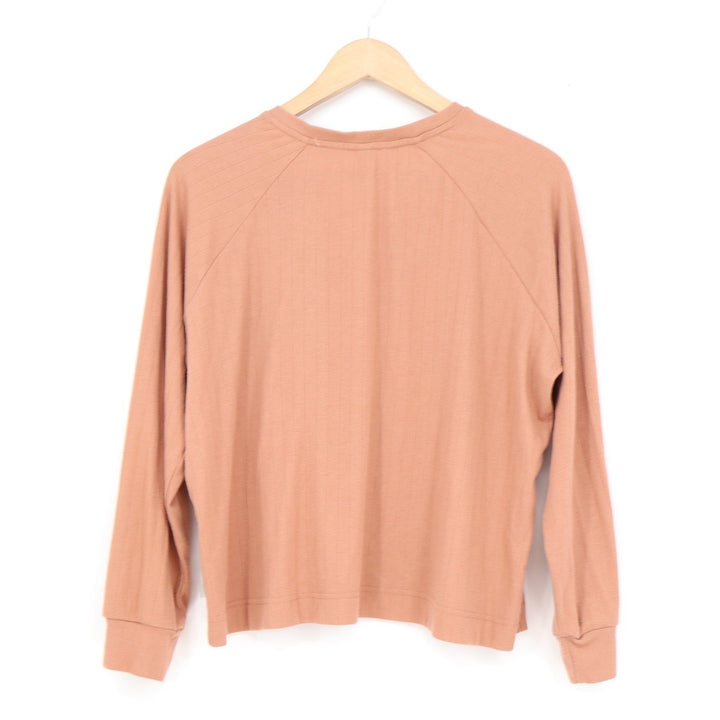 Bliss Women Ribbed Knit Split V-Neck Raglan Long Sleeve Top Terracotta Clay M