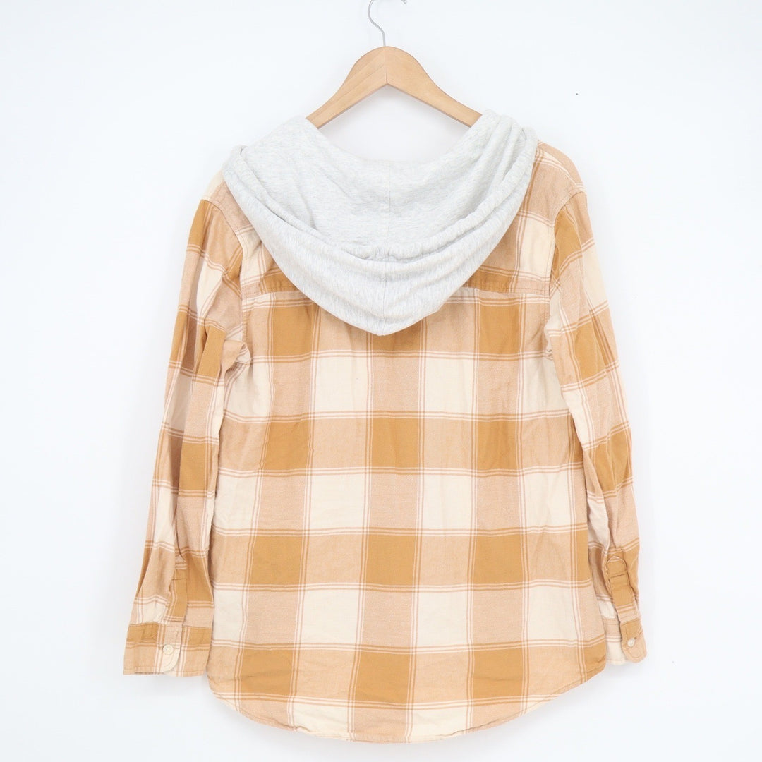 NET Ladies Mustard Yellow Plaid Hooded Flannel Shirt Button Down Size S