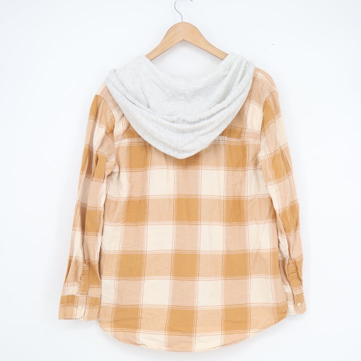 NET Ladies Mustard Yellow Plaid Hooded Flannel Shirt Button Down Size S