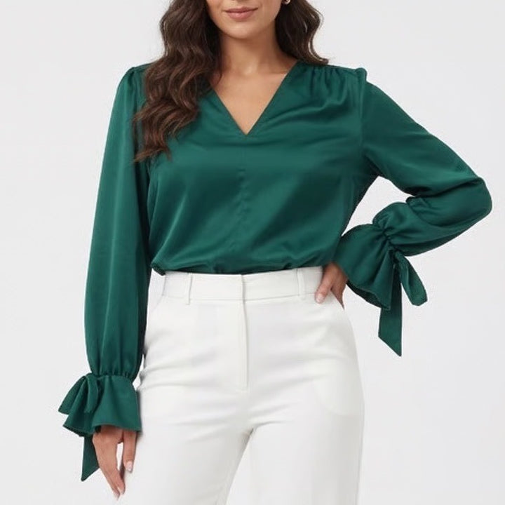 SHEIN Emerald Green V-Neck Flounce Cuff Blouse Long Sleeve Top Womens Size L
