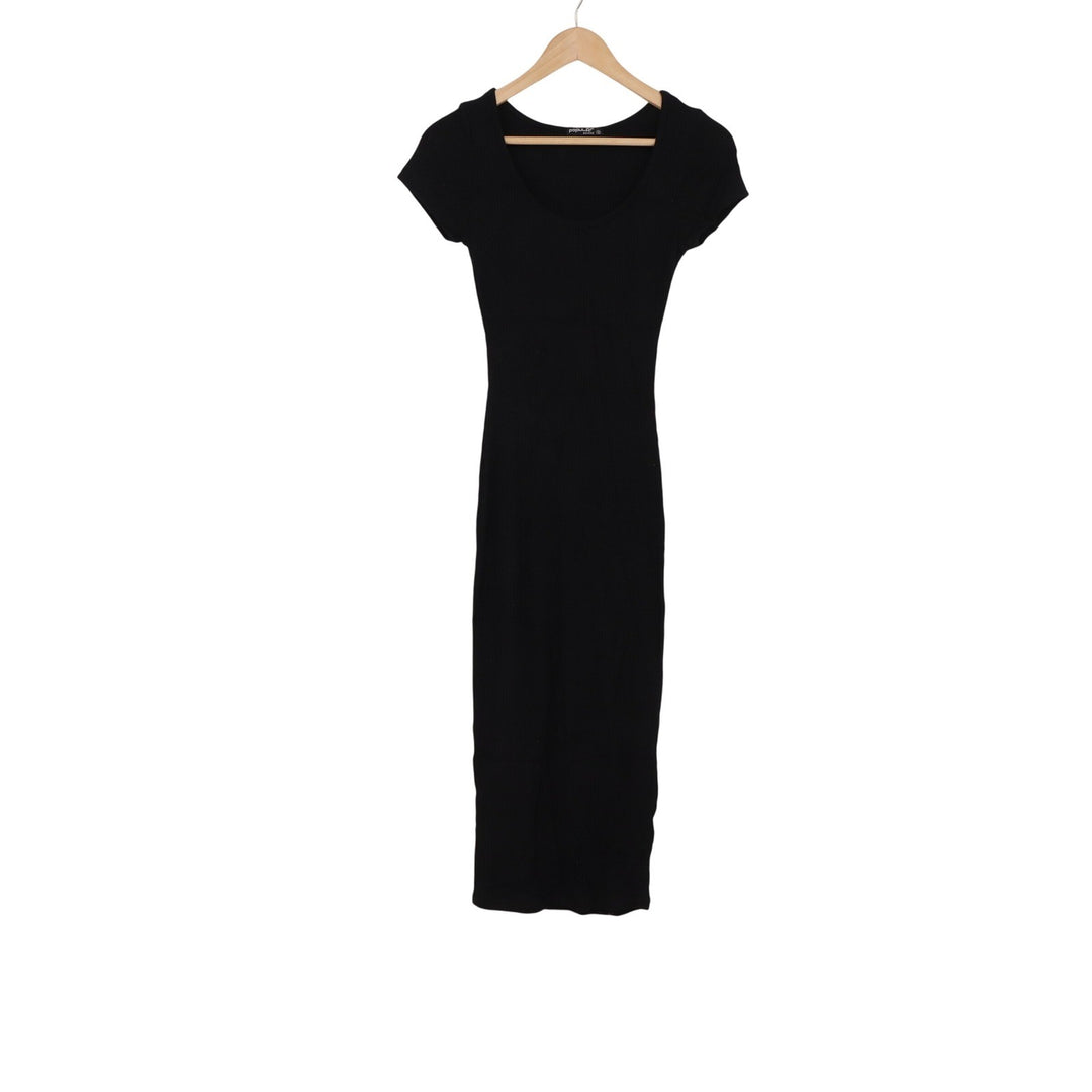 Popular Basics Dress Womens S Bodycon Midi Black Ribbed Scoop Neck Excellent