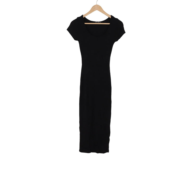 Popular Basics Dress Womens S Bodycon Midi Black Ribbed Scoop Neck Excellent