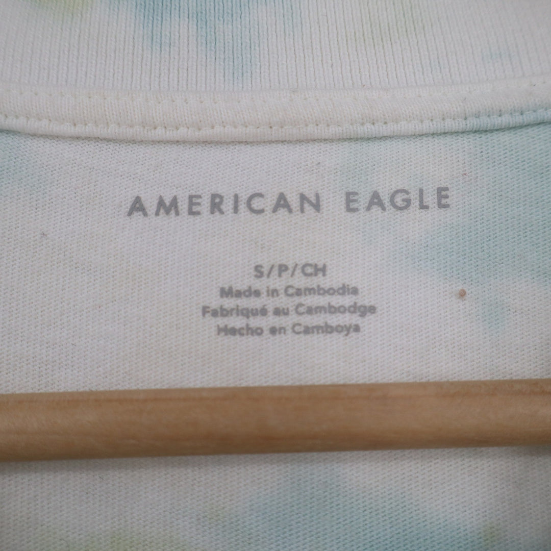 American Eagle Womens Small Blue Green Tie Dye Cropped Polo Shirt Raw Hem Cotton