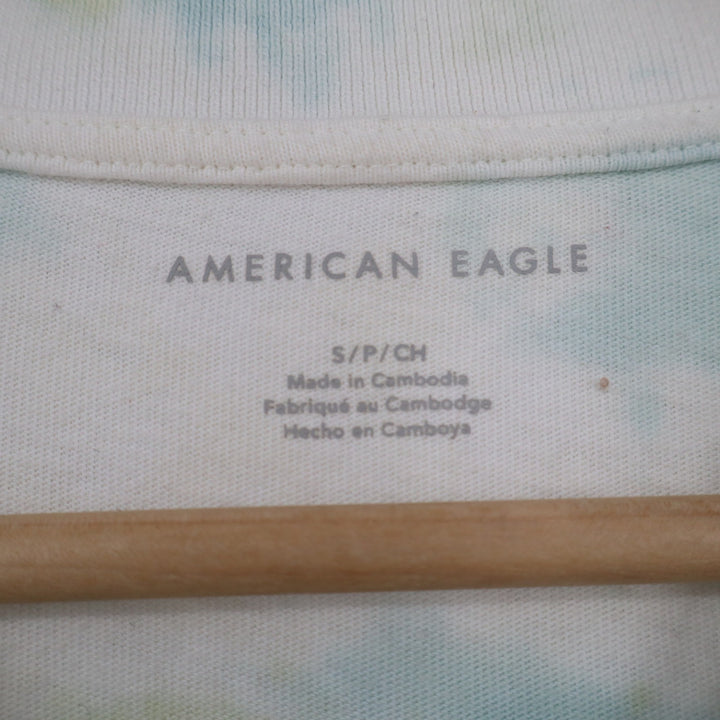 American Eagle Womens Small Blue Green Tie Dye Cropped Polo Shirt Raw Hem Cotton
