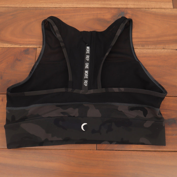 ZYIA Active Sports Bra Womens M Camo Mesh High Neck Black Racerback Excellent
