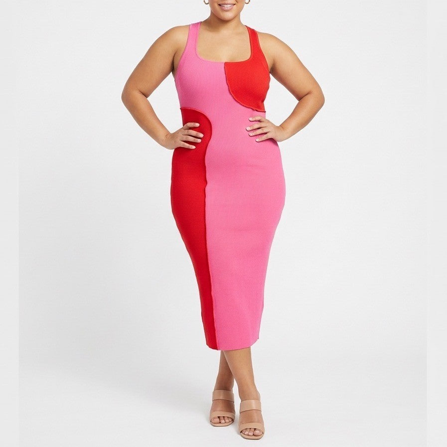 Naked Wardrobe Pink Red Colorblock Ribbed Racerback Midi Dress L