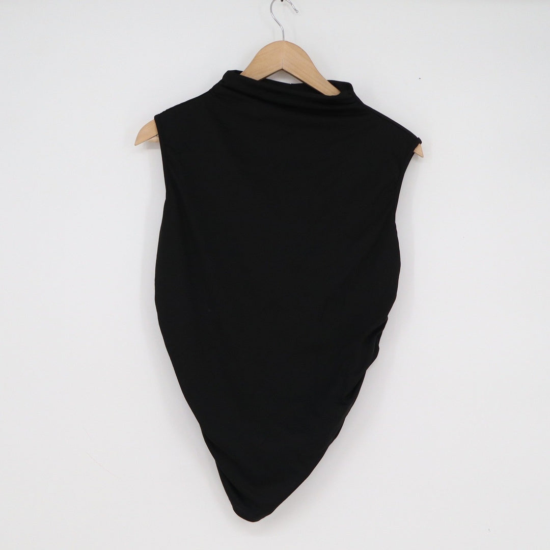 Black Mock Neck Sleeveless Asymmetrical Ruched Hem Top Minimalist Modern