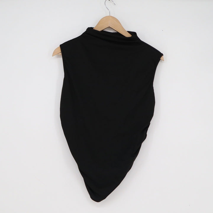Black Mock Neck Sleeveless Asymmetrical Ruched Hem Top Minimalist Modern