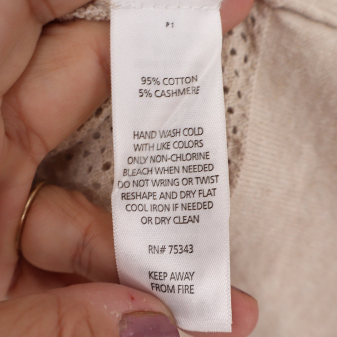 Cynthia Rowley Cotton Cashmere Pointelle Mesh Trim Sweater Beige Small