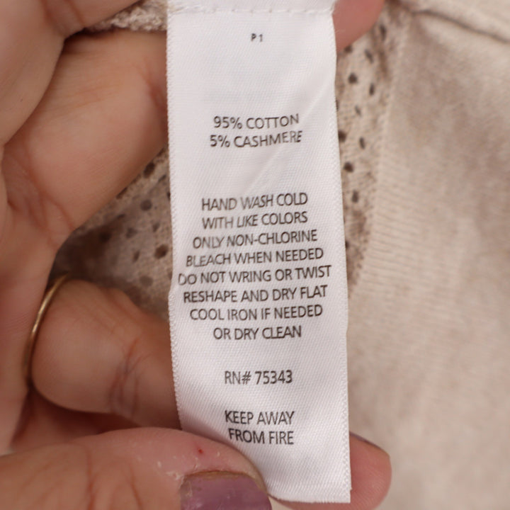 Cynthia Rowley Cotton Cashmere Pointelle Mesh Trim Sweater Beige Small