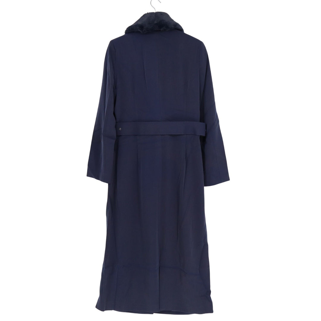 Naked Wardrobe The Statement Trench Coat Womens L Navy Fur Shawl Collar Stretch