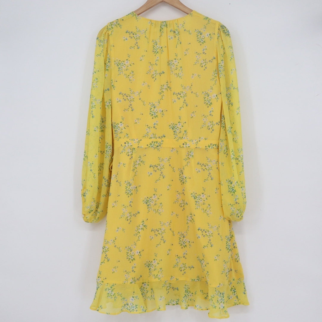 Banana Republic Yellow Floral Chiffon Ruffle Wrap Dress Long Sleeve Size 12