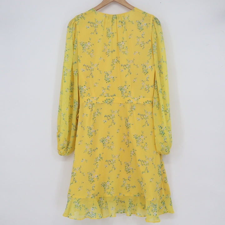 Banana Republic Yellow Floral Chiffon Ruffle Wrap Dress Long Sleeve Size 12