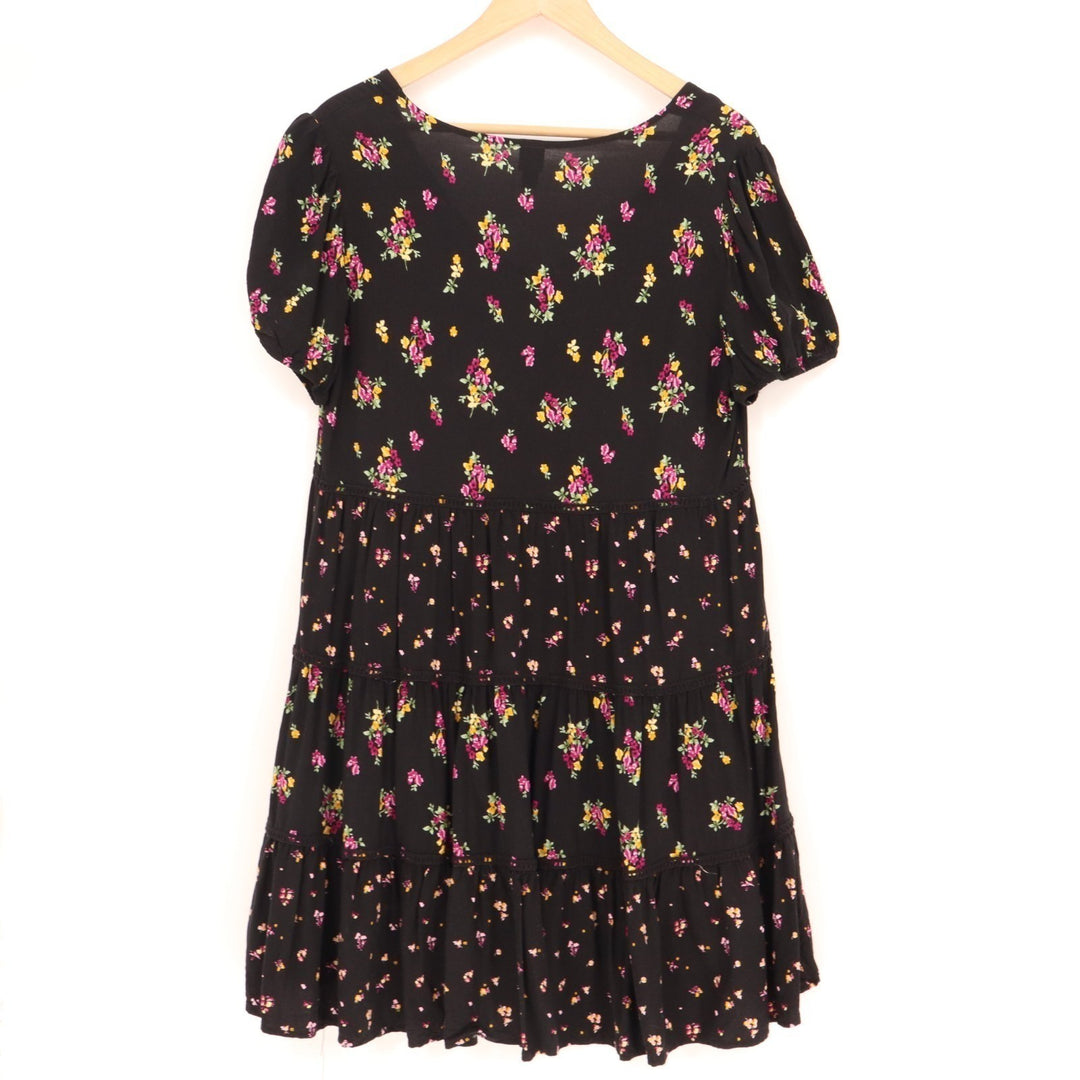 Wild Fable Mini Sundress Womens M Black Floral Pleated Scoop Neck Short Sleeve