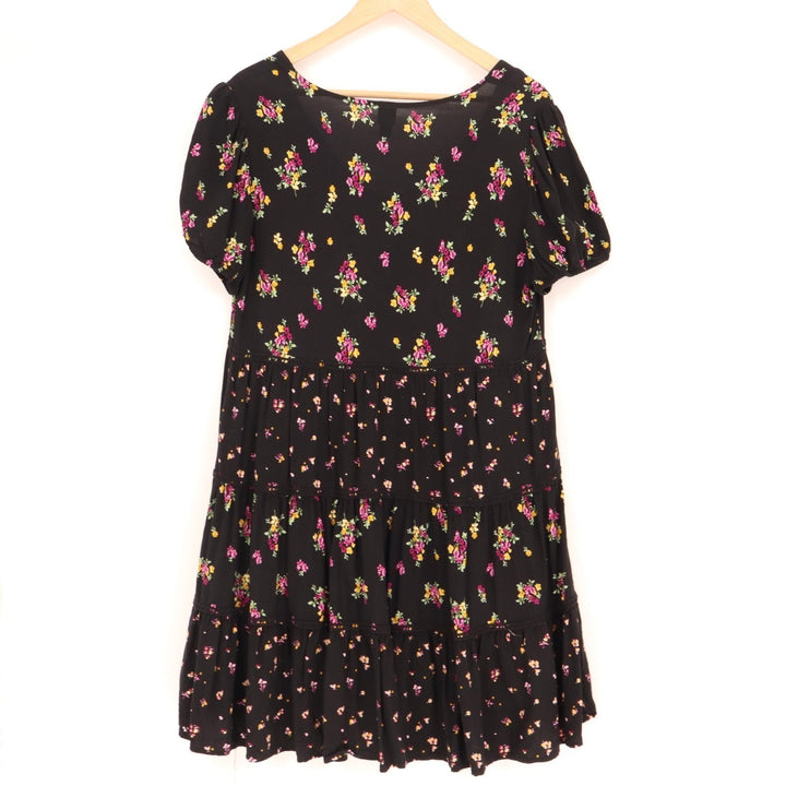 Wild Fable Mini Sundress Womens M Black Floral Pleated Scoop Neck Short Sleeve