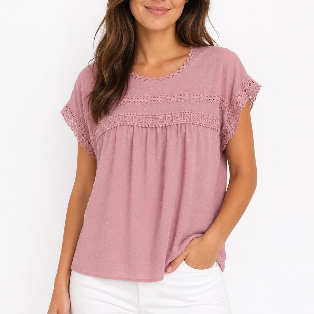 Dokotoo Womens L Dusty Rose Pink Swiss Dot Crochet Lace Button Back Blouse Top