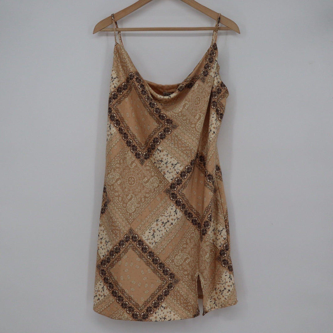 J for Justify Womens XL Tan Brown Bandana Patchwork Cowl Neck Slip Mini Dress