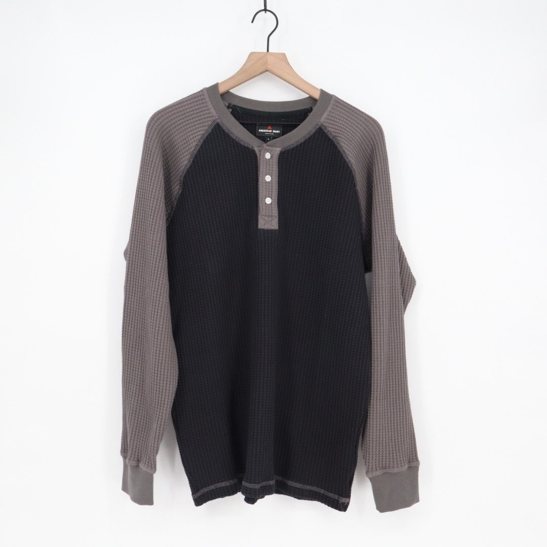American Giant Shirt Mens Large Black Gray Colorblock Waffle Knit Henley Neck
