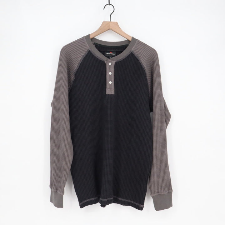 American Giant Shirt Mens Large Black Gray Colorblock Waffle Knit Henley Neck