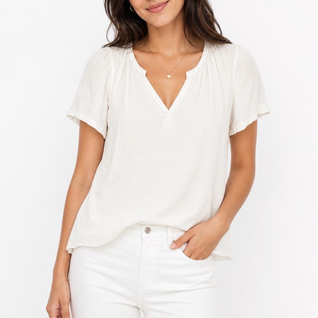 Max Studio White V-Neck Peasant Blouse Short Flutter Sleeve Gauze Top L