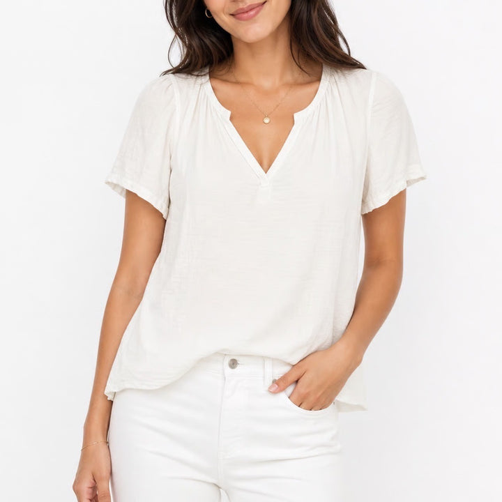 Max Studio White V-Neck Peasant Blouse Short Flutter Sleeve Gauze Top L