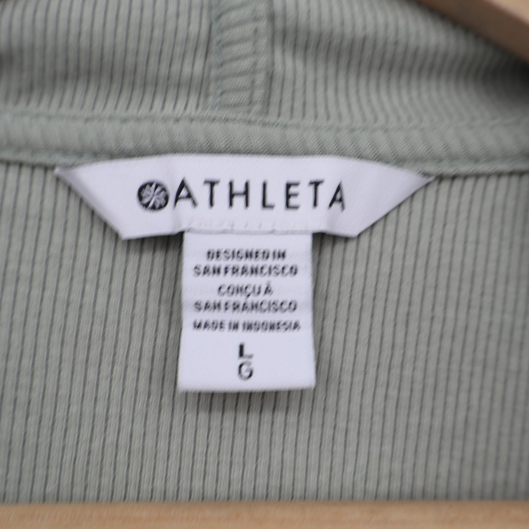 Athleta Hoodie Women Large Green Knit Ribbed Cotton Stretch Long Sleeve Pullover