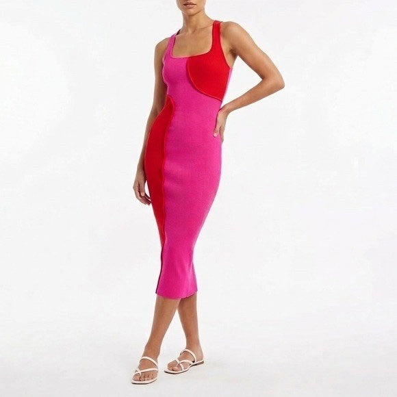 Naked Wardrobe Pink Red Color Block Ribbed Midi Dress Large