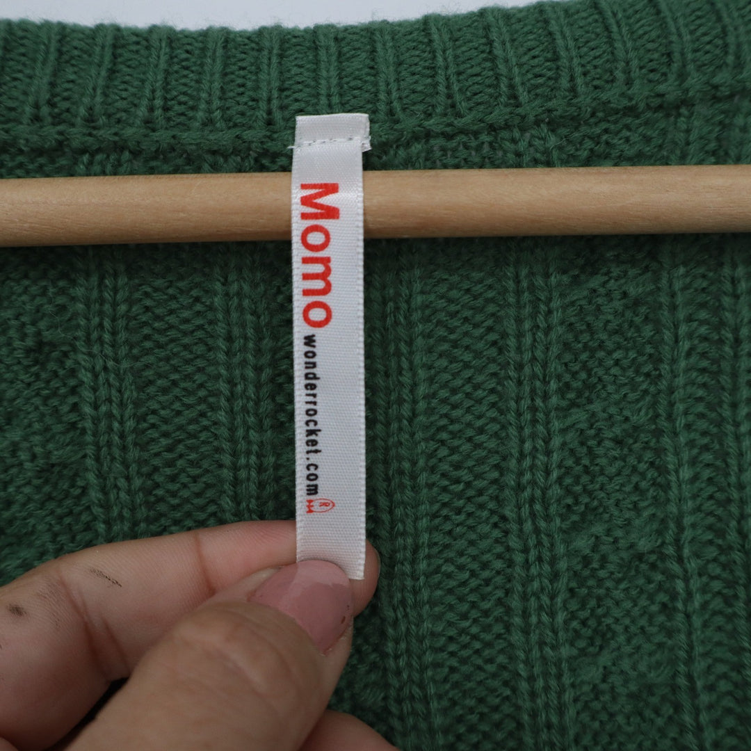 Momo Wonder Rocket Green Cable Knit Button Front Cardigan Sweater Bobble Detail
