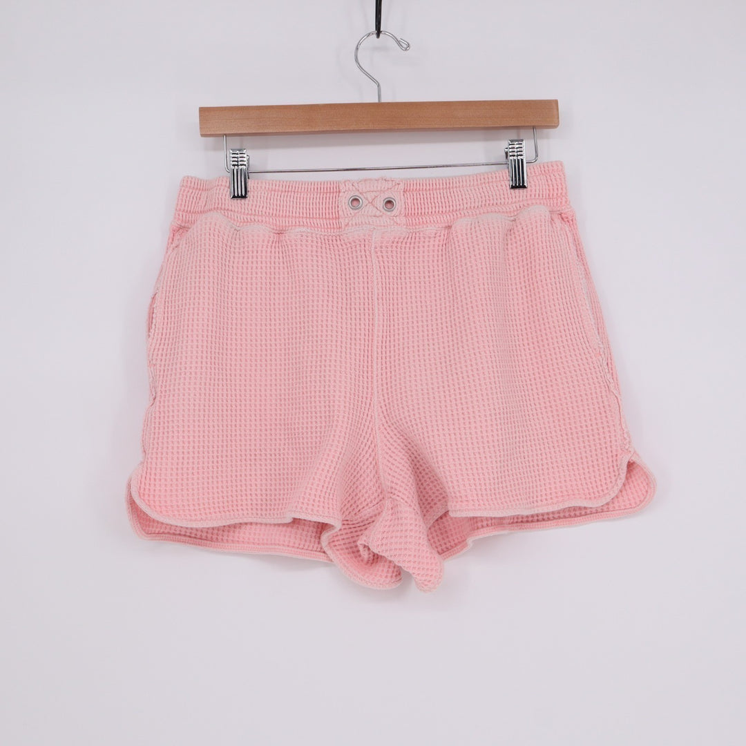 Aerie Lounge Shorts Womens Medium Pink Waffle Knit Cotton Mid Rise Slash Pockets