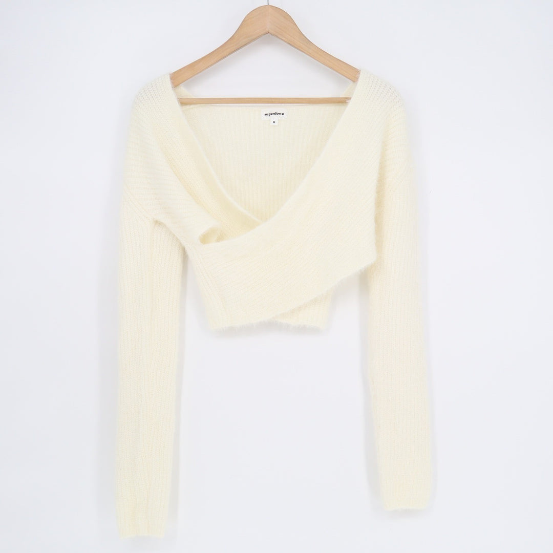 Superdown Womens Cream Fuzzy Surplice V-Neck Cropped Sweater Size M DVC 045