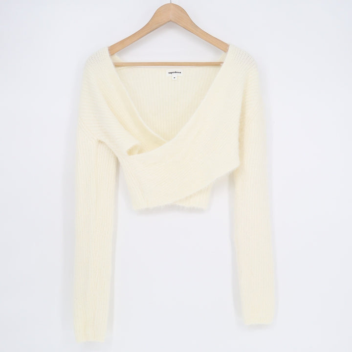 Superdown Womens Cream Fuzzy Surplice V-Neck Cropped Sweater Size M DVC 045